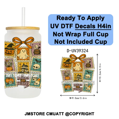 Stay Spooky Halloween Horror Pumpkin Coquette UV DTF Decals Ready To Apply Waterproof Transfer Sticker For 16OZ Libbey Glass Can