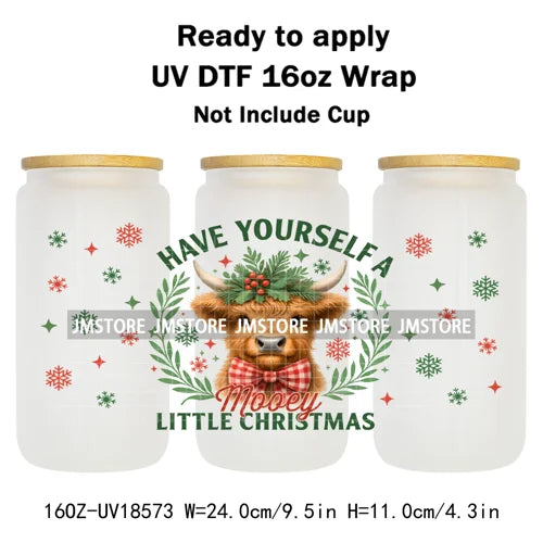 Howdy Christmas Western Highland Cow 16OZ UV DTF Cup Wraps Ready To Apply Waterproof Transfer Stickers For Libbey Glass Can