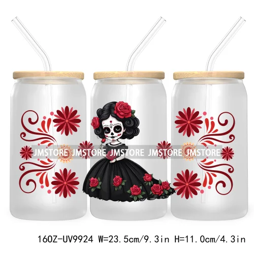 New Mexican Sugar Skull Girl UV DTF Sticker For 16OZ Libbey Glass Cup Can Wrap Transfer Stickers Custom Labels Day Of The Dead