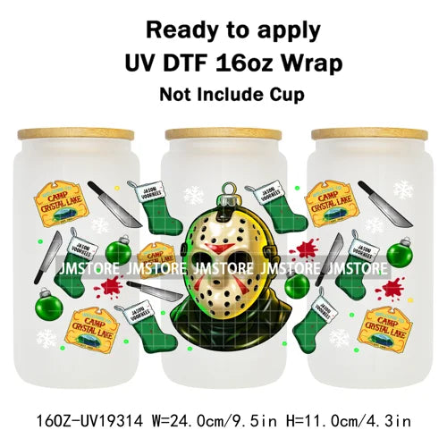 Horror Killers Christmas Ball Stocking Season UV DTF Wraps Transfer Stickers Ready To Apply Waterproof For 16OZ Libbey Glass Can