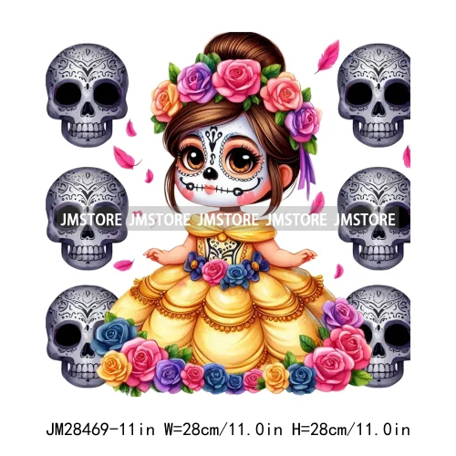 New Day Of The Dead La Catrina Dresses Girls Skull Flower Iron On DTF Transfers Stickers Ready To Press For Sweatshirt Bags