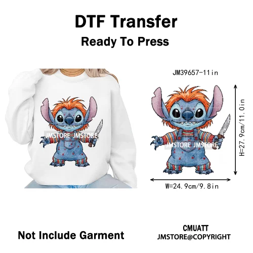 Spooky Scary Cute Cartoon Blue Animal Halloween Horror Vibes Iron on DTF Washable Transfers Stickers Ready to Press for Clothing