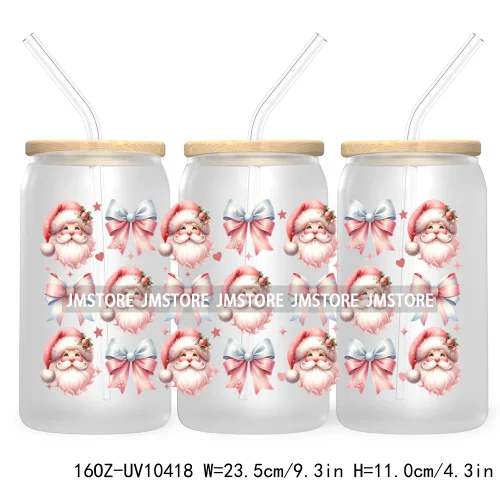 Christmas Girly Coquette Bow 16OZ UV DTF Cup Wrap Transfer Stickers Custom Labels For Libbey Glass Can Candy Cane Tis The Season