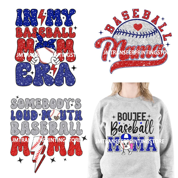 Faux Glitter In My Baseball Mom Era Design Boujee Sport Mama Iron On DTF Transfer Stickers Printing For T-shirts Bags