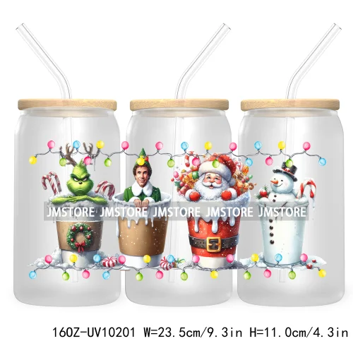 Christmas Lights Cartoon Coffee Cups 16OZ UV DTF Cup Wrap Transfer Stickers Custom Labels Waterproof Logo For Libbey Glass Can