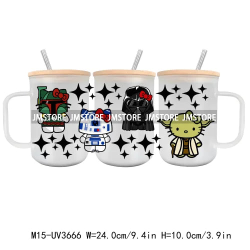 Cartoon Best Friends UV DTF Glass Can Wrap For 15OZ Mug Glass Cup Transfer Stickers DIY Custom Logo Labels Cute Cat Sunflowers