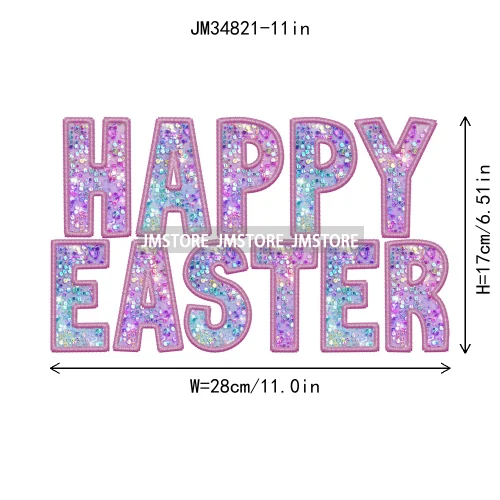 Colorful Faux Sequin Glitter Happy Easter Bunny University Letters Iron On DTF Transfers Stickers Ready To Press For Hoodies