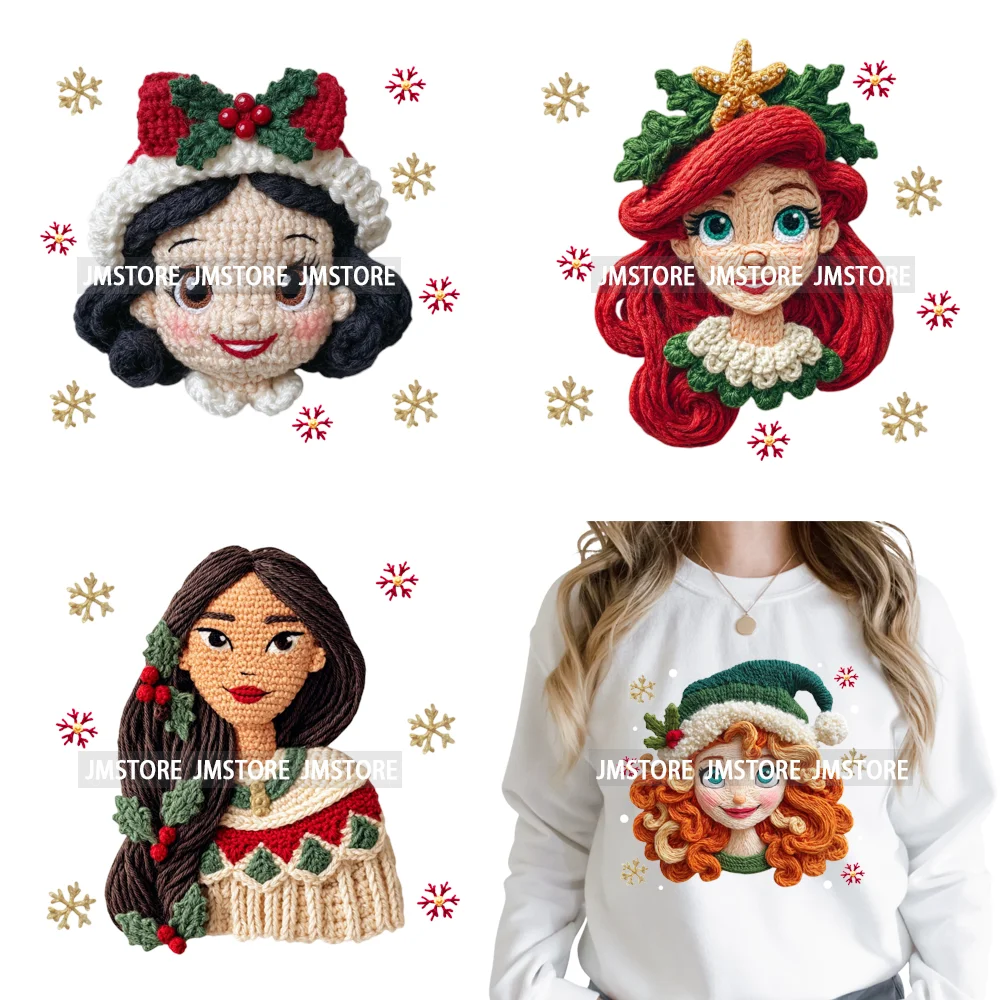 Cute Faux Knitting Yarn Princess Cartoon Character Christmas Holiday Iron on DTF Transfers Stickers Ready to Press for Hoodies