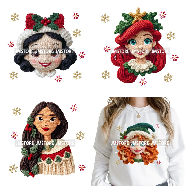 Cute Faux Knitting Yarn Princess Cartoon Character Christmas Holiday Iron on DTF Transfers Stickers Ready to Press for Hoodies