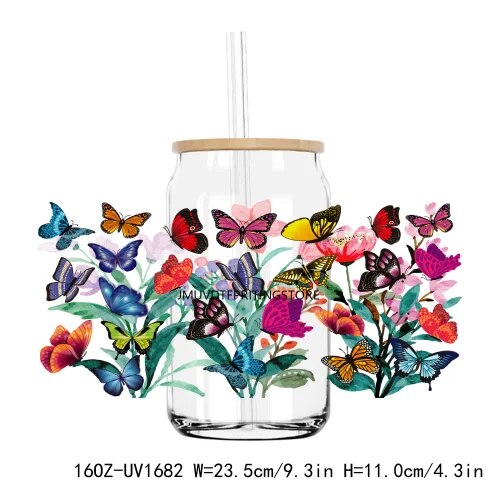 Watercolor Butterfly And Flower 16OZ UV DTF Cup Wrap Transfer Sticker Custom Labels DIY Durable Waterproof Logo For Libbey Glass