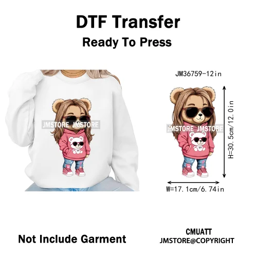 12in Girls Female Teddy Bear Duck Urban Sneakers Animal Washable Iron on DTF Transfers Stickers Ready to Press for T-shirts Bags