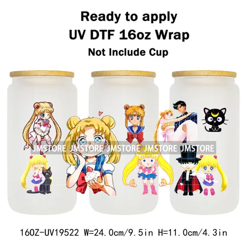 Sailor Girls Inspired Anime Fan Cartoon Characters UV DTF Transfer Sticker Cup Tumbler Wrap For 16OZ Libbey Glass Wraps Bottle