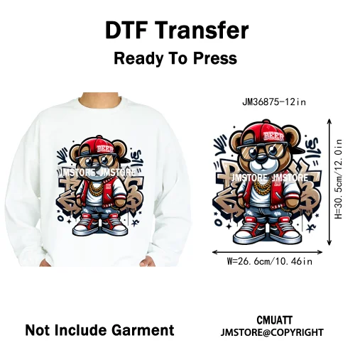 12in Colorful Graffiti Urban Stree Vibes Fearless Gangster Bear Washable Iron on DTF Transfer Sticker Ready to Press for Clothes