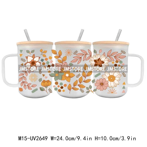 Floral Wildflowers Plants Butterfly UV DTF Glass Can Wrap For 15OZ Mug Coffee Cup Transfer Stickers DIY Custom Logo Labels