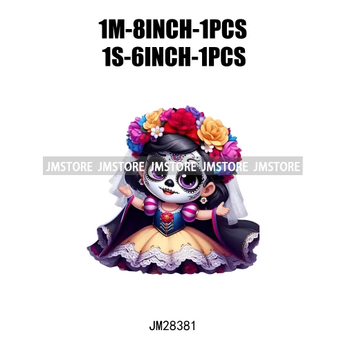 Cute Mexican Day Of The Dead Skeleton Catrina Princess Dolls Iron On DTF Heat Press Transfers Stickers Printing For Clothes