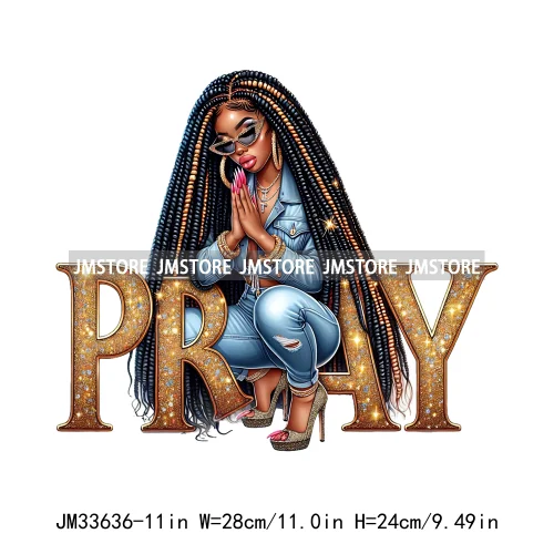 Christian Bible Urban Praying Afro Girls Jesus Faith God Love Cross Iron On DTF Transfer Stickers Ready To Press For Hoodies Bag