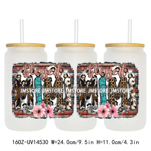 Floral Blessed Mama Leopard Mom 16OZ UV DTF Cup Wraps Ready To Apply Waterproof Transfer Stickers For Libbey Glass Can Tumbler
