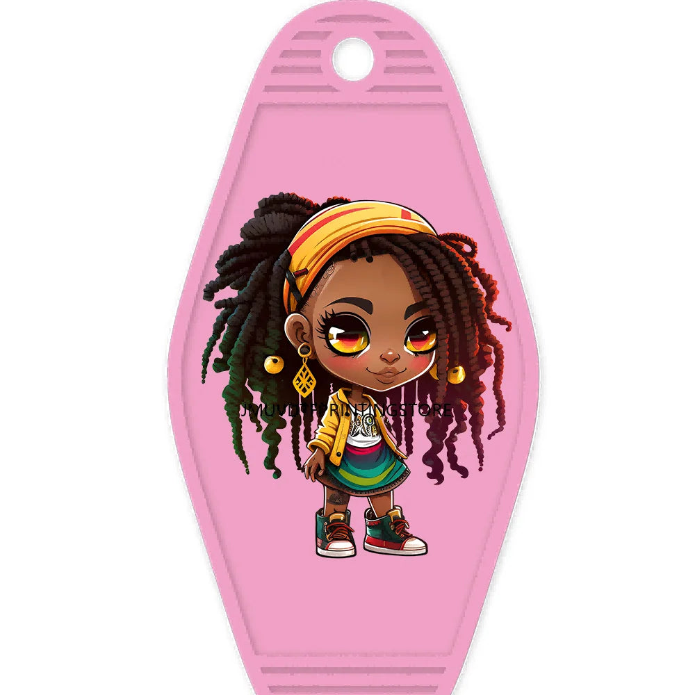 Cool Dreadlock Afro Girl High Quality WaterProof UV DTF Sticker For Motel Hotel Keychain Black Hip Hop Kids