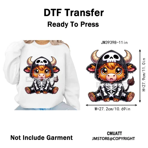 Horror Spooky Cartoon Baby Highland Cow Halloween Vibes Animal Iron on DTF Washable Transfers Sticker Ready to Press for Hoodies