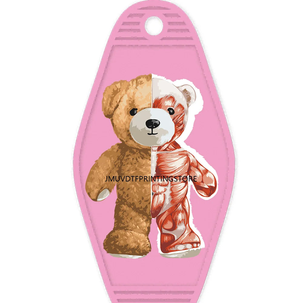 Cute Pink Teddy Bear Girl High Quality WaterProof UV DTF Sticker For Motel Hotel Keychain Brown Bears Baseball