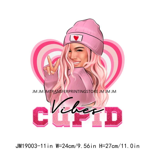 Fashion Pink Beautiful Girls Bichota XOXO Cupid Vibes Happy Valentines Day DTF Heat Transfer Stickers Ready To Press For Clothes