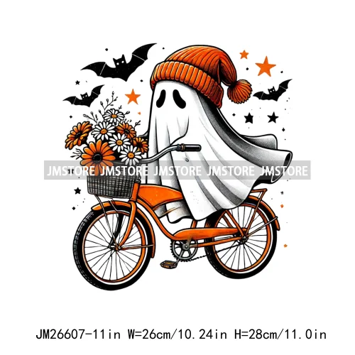 Spooky Cute Bougie Ride Floral Ghost Pumpkin Coffee Halloween Designs DTF Iron On Transfer Stickers Ready To Press For Clothes