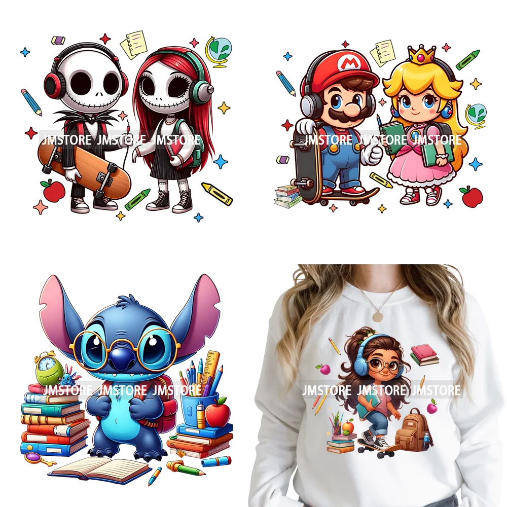 Cartoon Movie Friends Princess Back to School Teacher Learn Iron on DTF Washable Transfer Sticker Ready to Press for Kid Hoodies