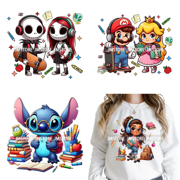 Cartoon Movie Friends Princess Back to School Teacher Learn Iron on DTF Washable Transfer Sticker Ready to Press for Kid Hoodies