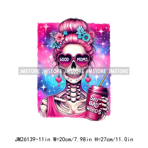 Colorful Coffee Skull Mom Life Boujee Sarcastic Good Moms Say Bad Words DTF Iron On Transfer Stickers Ready To Press For Clothes