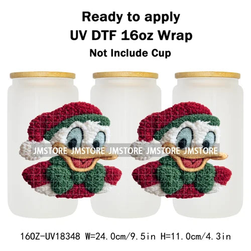 Faux Yarn Christmas Characters UV DTF Cup Wrap Ready To Apply Transfer Stickers Durable 16OZ Tumbler Wraps For Libbey Glass Can