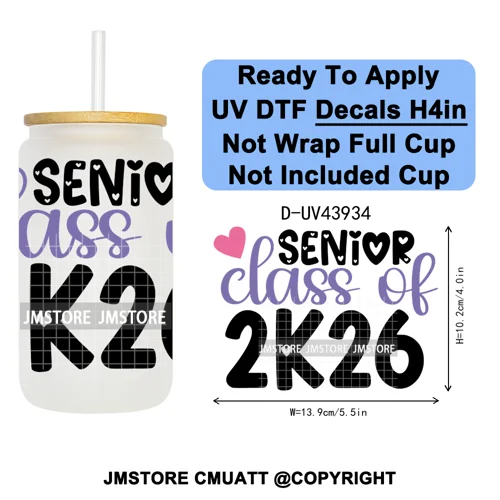 Girly University Graduation 2026 UV DTF Decals Ready To Apply Waterproof Transfer Stickers DIY Crafts For 16OZ Libbey Glass Can