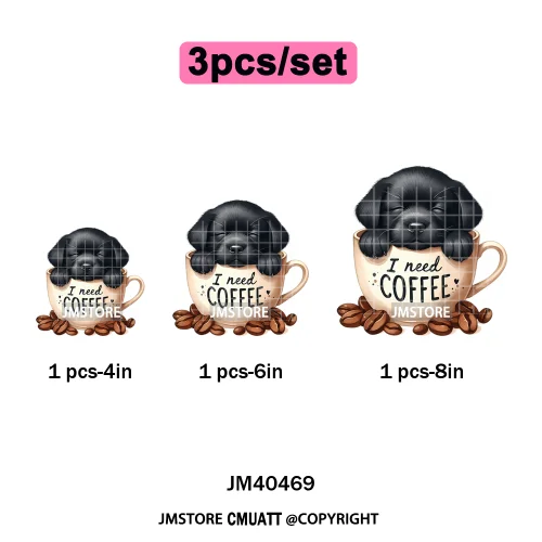 Funny Cartoon Pet Puppy Small Sleeping Cozy Coffee Dogs Lover Iron on DTF Washable Transfers Sticker Ready to Press for Clothing