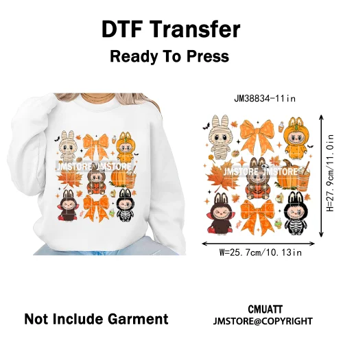 Cute Checkered Spooky Doll Monster Characters Halloween Iron on DTF Washable Heat Transfers Stickers Ready to Press for Textile