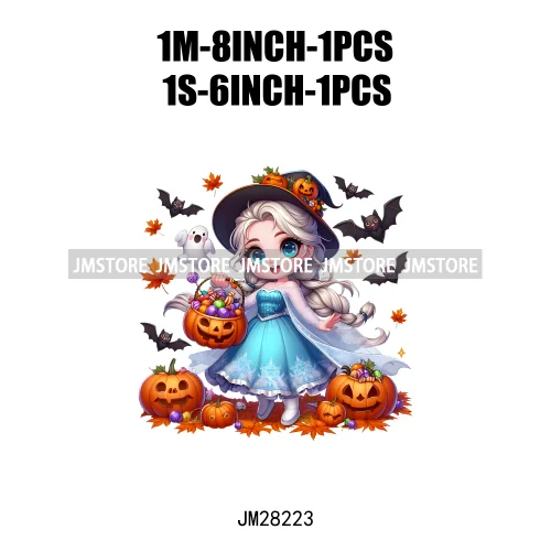 Washable Chibi Spooky Princess Pumpkin Halloween Trick Or Treat Witch Iron On DTF Transfers Stickers Ready To Press For Hoodies