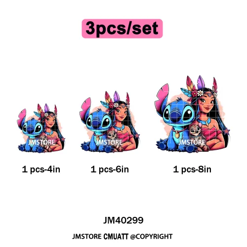 Cute Cartoon Blue Animal Princess Best Friends Designs Iron on DTF Washable Transfers Stickers Ready to Press for Clothing Bags