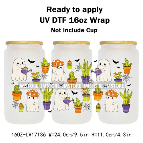 Spooky Season Halloween Pumpkin Ghost Witch Dogs UV DTF Wraps Transfer Sticker Selfadhesive Waterproof For 16OZ Libbey Glass Can