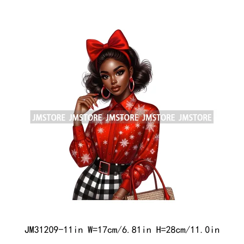 Fashion Santa Afro Black Woman Merry Christmas Girly Winter Iron On DTF Transfers Stickers Printing Ready To Press For Clothing