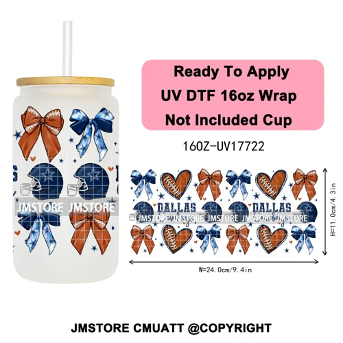Faux Glitter American Football Game Day UV DTF Cup Wrap Ready To Apply Transfer Stickers 16OZ Tumbler Wraps For Libbey Glass Can
