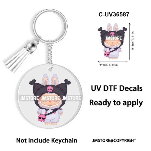Coquette Bow Cartoon Monsters Doll In Costume Decal Round Keychain Ready To Apply UV DTF Transfer Stickers For Circle Keychain