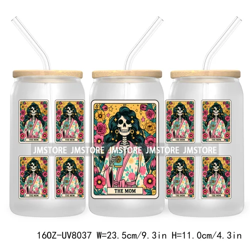 Funny Tarot Card UV DTF Sticker For 16OZ Libbey Glass Cup Can Wrap Transfer Sticker Custom Label DIY Logo Mexican Skeleton Skull