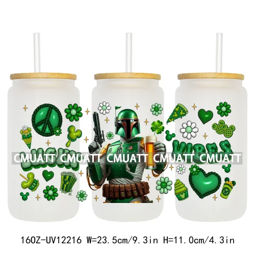 Cartoon Princess Girls St Patricks' Day Lucky Vibes 16OZ UV DTF Cup Transfer Wrap Sticker Waterproof Logos For Libbey Glass Can