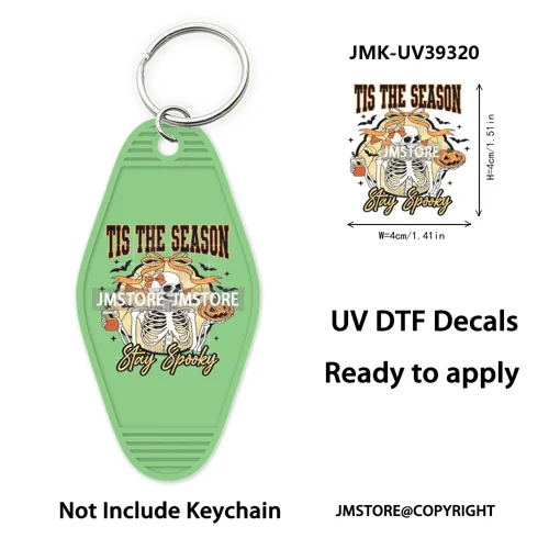Faux Glitter Halloween Ghost Pumpkin Season UV DTF Motel Keychain Decal Ready To Ship Transfer Stickers Print For Hotel Keychain