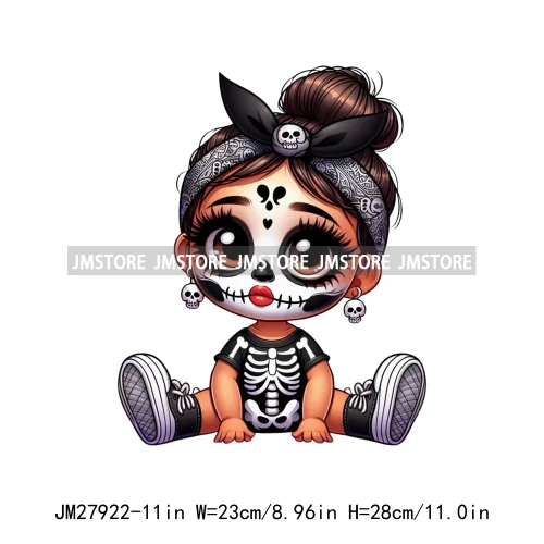 Halloween Skeleton Latina Baby Chibi Hispanic Girls Spooky Season DTF Iron On Transfers Stickers Ready To Press For Clothing