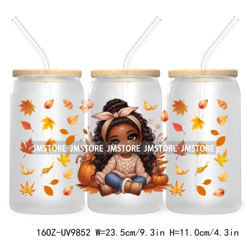 Afro African Girl 16OZ UV Cup Wrap DTF Transfer Stickers For Libbey Glass Can Cups Tumbler Fall Season Autumn Waterproof Labels