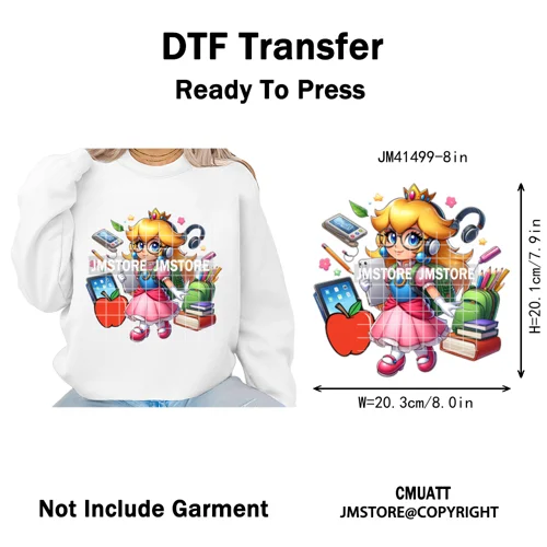 Cartoon Movie Friends Princess Back to School Teacher Learn Iron on DTF Washable Transfer Sticker Ready to Press for Kid Hoodies