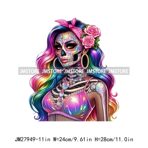 Raninbow Diamond Glamor Latina Skeleton Woman Rose Chicana  Earing Girls DTF Iron On Heat Press Transfer Stickers For Clothes