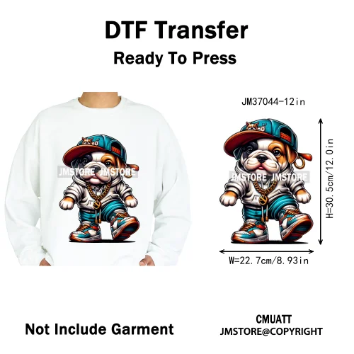 12in Streetwear Vibes Rich Cool Cartoon Bulldog King Designs Washable Iron on DTF Transfers Stickers Ready to Press for Clothes