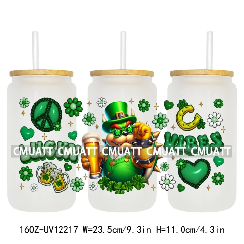 Cartoon Princess Girls St Patricks' Day Lucky Vibes 16OZ UV DTF Cup Transfer Wrap Sticker Waterproof Logos For Libbey Glass Can