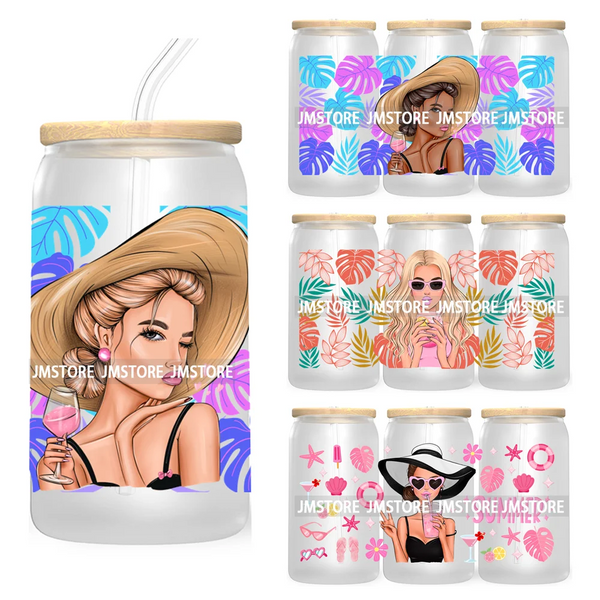 Hot Girl Summer Lady UV DTF Sticker For 16OZ Libbey Glass Cup Can Wrap Transfer Stickers Custom Labels DIY Logo Woman With Hat