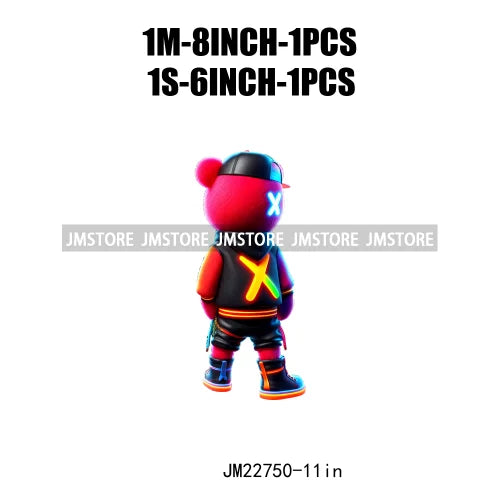 Cool Neon Colorful Hip Hop Streetwear Urban Teddy Bear Iron On DTF Transfers Stickers Ready To Press For Clothing Bags